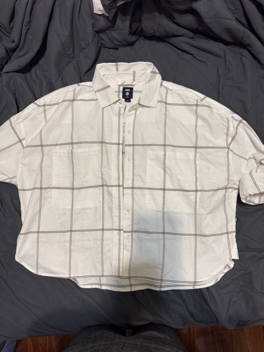 Vans Cream Windowpane Button-Down Shirt with Brown Grid long sleeves